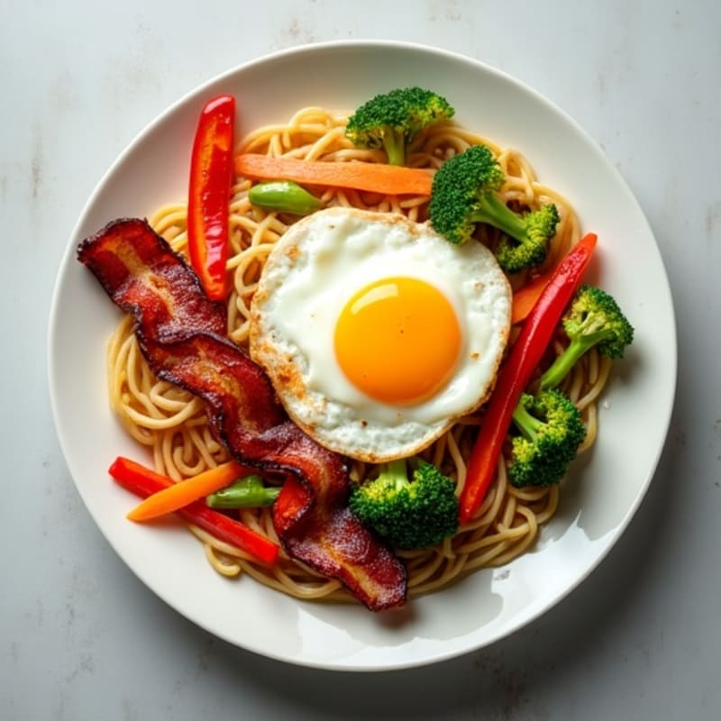 Crispy Bacon and Fresh Vegetable Rice Noodle Stir-Fry