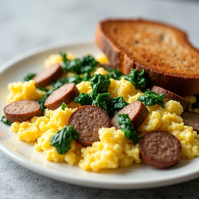 Egg White Scramble with Turkey Sausage and Sautéed Spinach