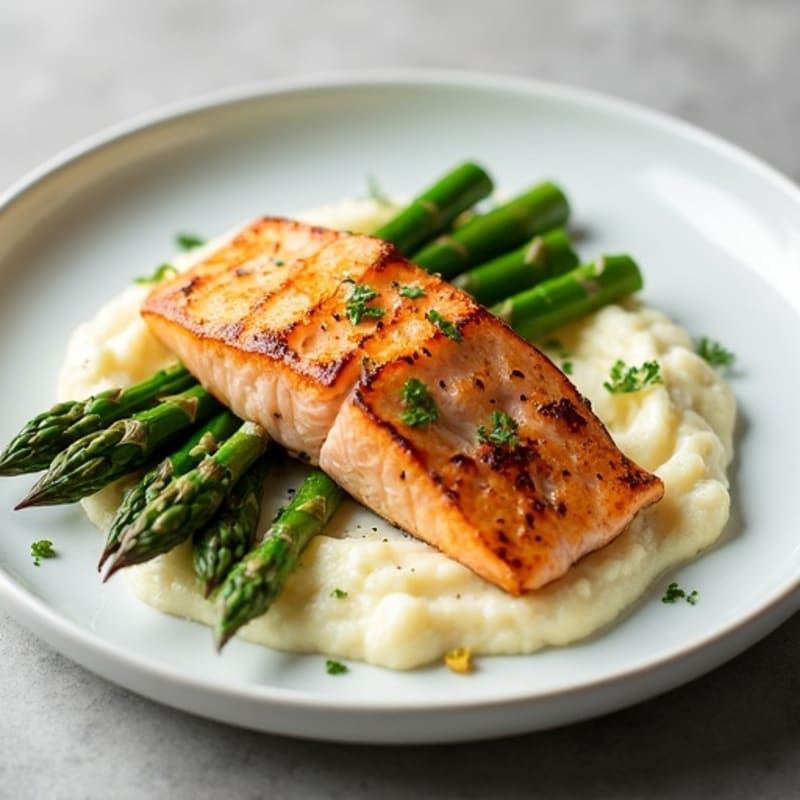 Seared Salmon with Steamed Asparagus and Cauliflower Mash