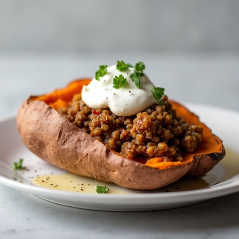 Creamy Baked Sweet Potato Stuffed with Savory Ground Beef