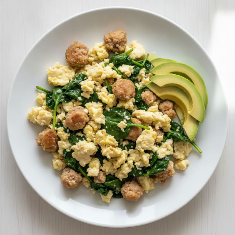 Scrambled Egg Whites with Turkey Sausage and Sautéed Spinach