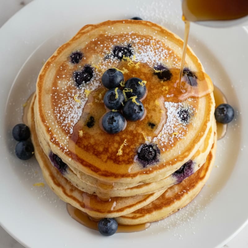 Blueberry Ricotta Pancakes with Maple Syrup