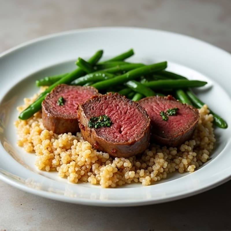 Seared Beef Tenderloin with Garlic Green Beans and Quinoa