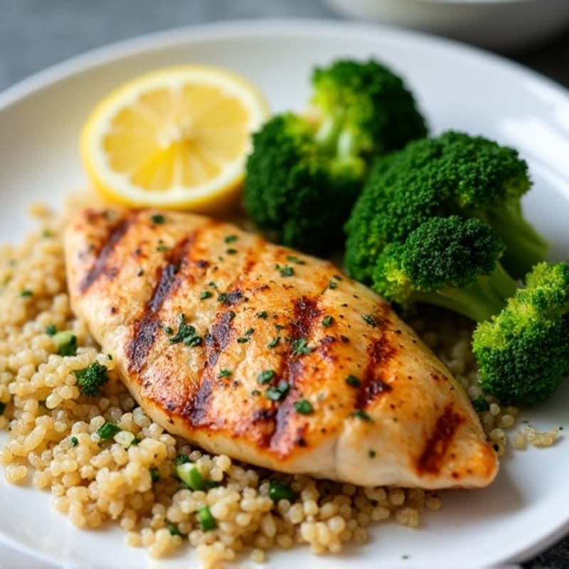 Grilled Lemon-Garlic Chicken Breast with Quinoa and Steamed Broccoli