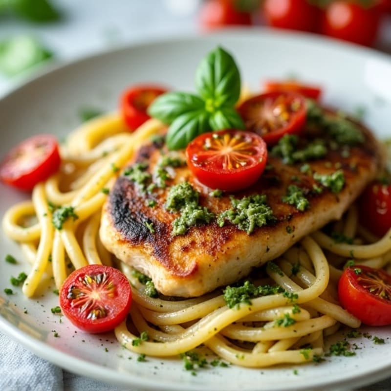 Herb-Roasted Chicken with Creamy Pesto Whole Wheat Pasta and Blistered Cherry Tomatoes