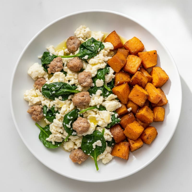 Egg White and Turkey Sausage Scramble with Spinach and Roasted Sweet Potatoes