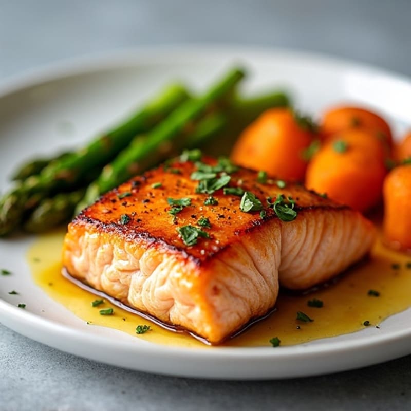 Seared Salmon with Roasted Sweet Potatoes and Asparagus