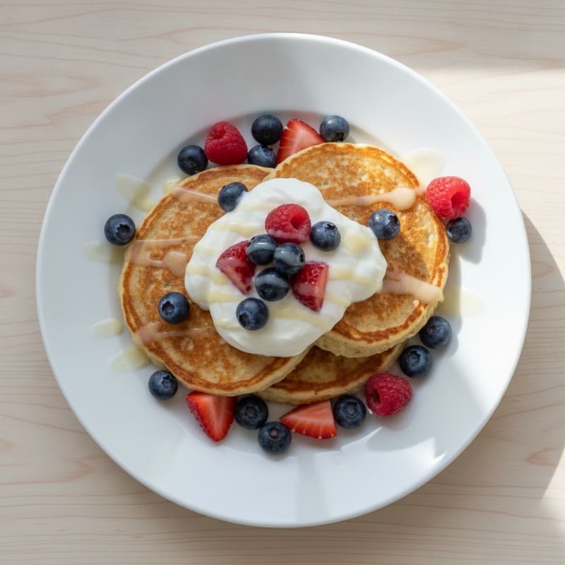 Cottage Cheese Protein Pancakes with Greek Yogurt and Berries