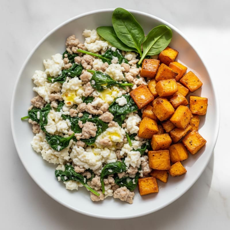 Egg White and Turkey Spinach Scramble with Roasted Sweet Potato