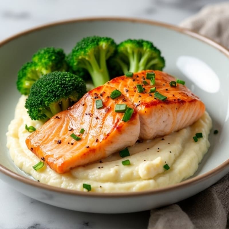 Seared Salmon Fillet with Steamed Broccoli and Garlic Cauliflower Mash