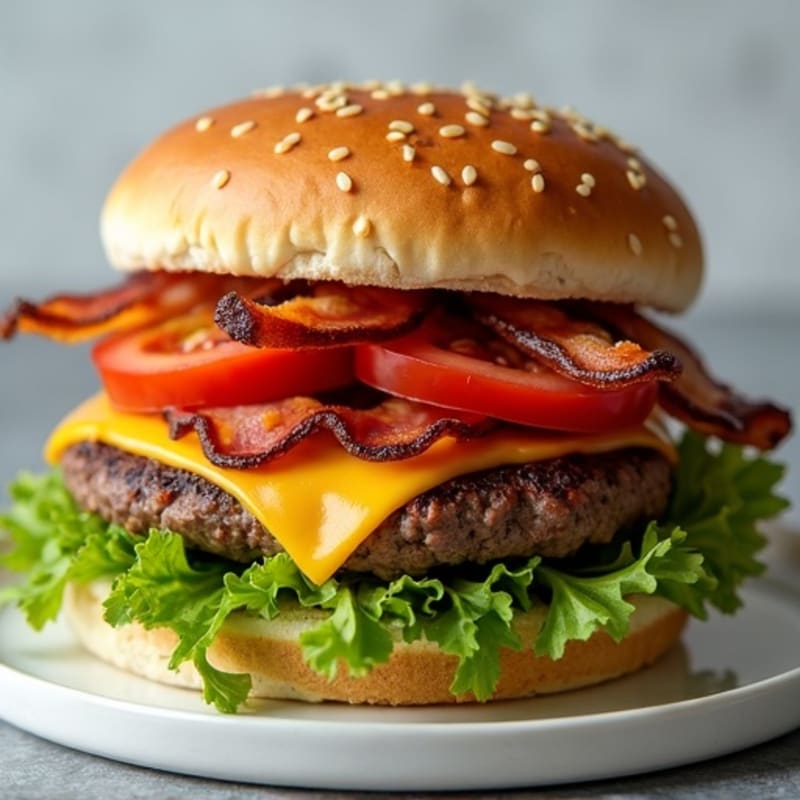 Lean Beef Burger with Crispy Turkey Bacon, Melted Cheddar, and Fresh Greens