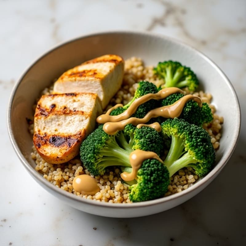 Grilled Chicken Quinoa Bowl with Roasted Broccoli and Tahini Drizzle