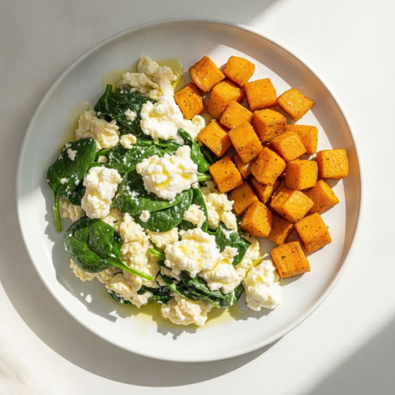 Egg White and Spinach Scramble with Cottage Cheese and Roasted Sweet Potato