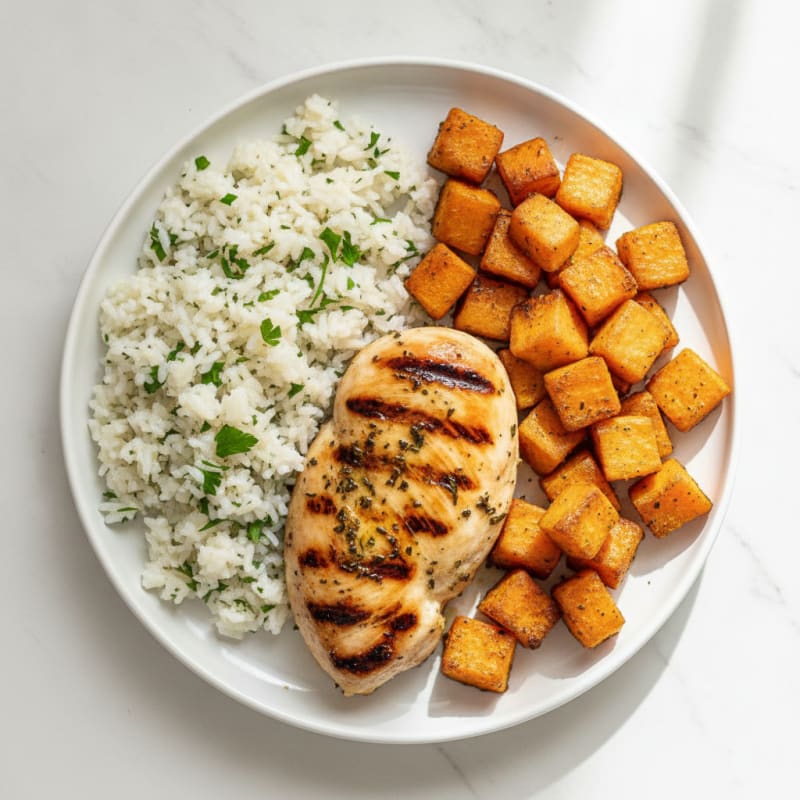 Grilled Chicken Breast with Herb Rice and Roasted Sweet Potato Cubes
