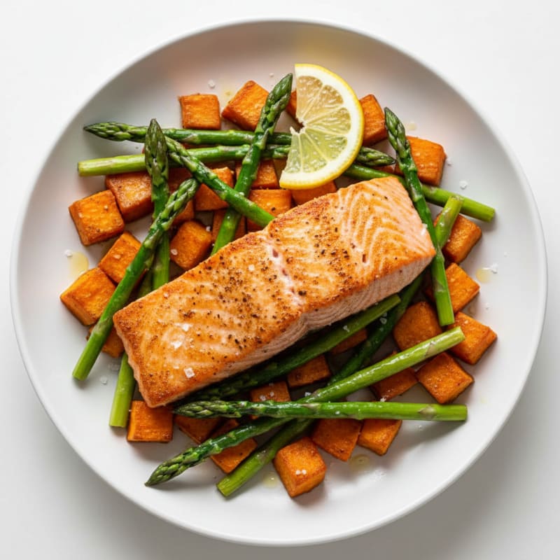 Seared Salmon Fillet with Roasted Sweet Potatoes and Asparagus