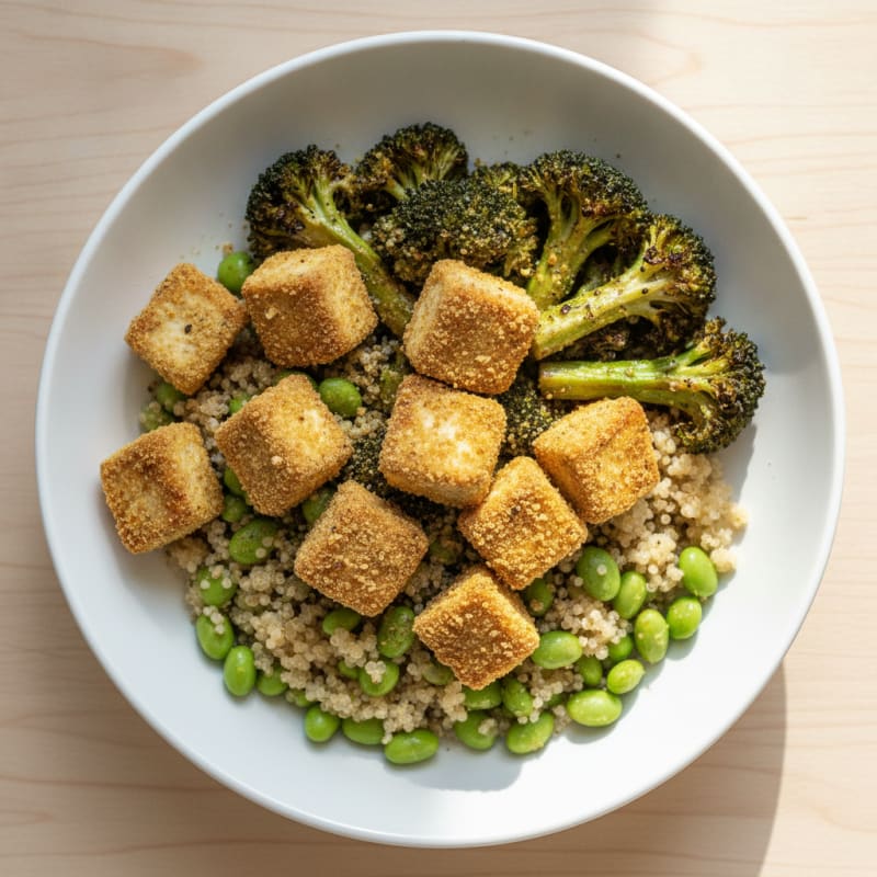Crispy Tofu Power Bowl with Quinoa and Roasted Vegetables