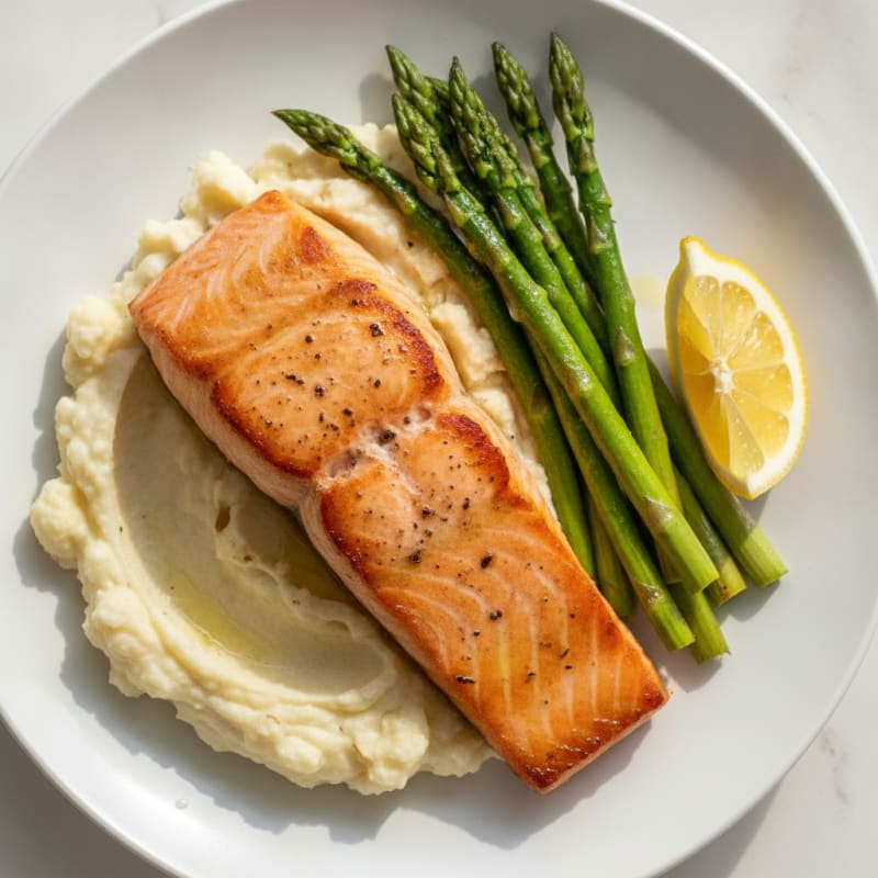 Seared Salmon Fillet with Roasted Asparagus and Garlic Mashed Cauliflower