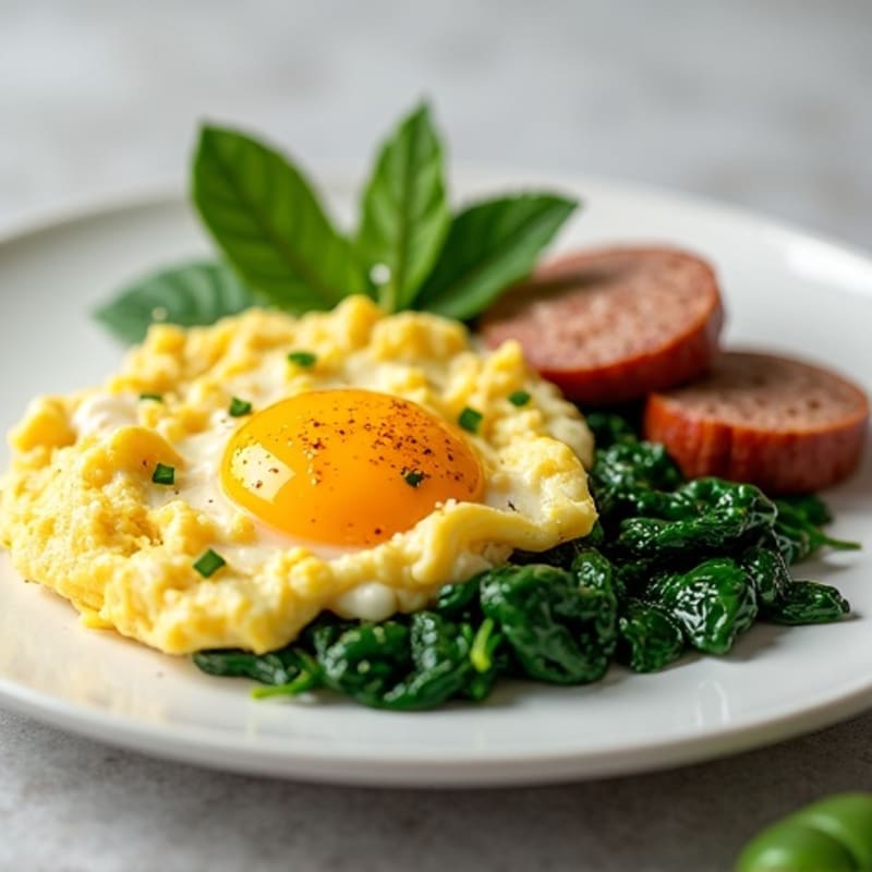 Egg White Scramble with Turkey Sausage and Sautéed Spinach