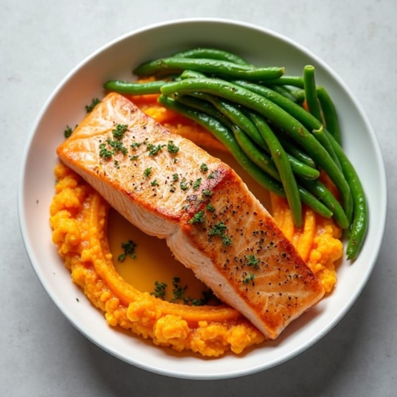 Seared Salmon with Garlic Green Beans and Sweet Potato Mash