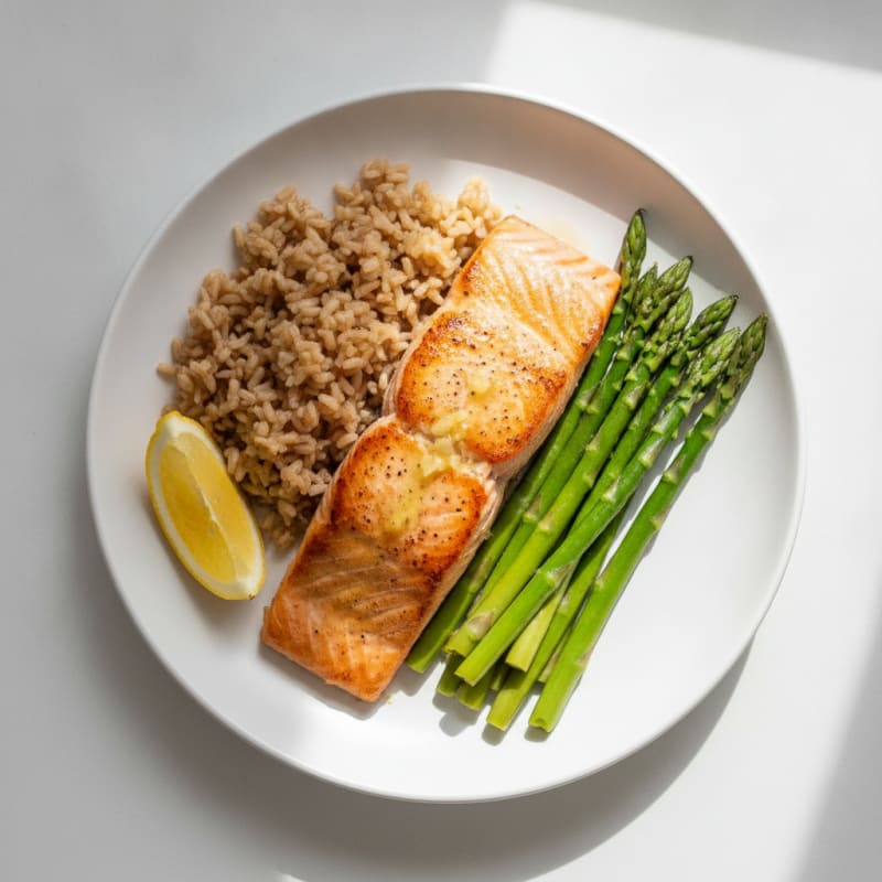 Seared Salmon with Steamed Asparagus and Brown Rice