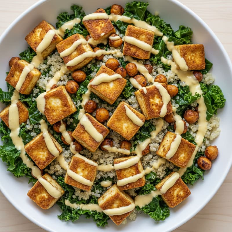 Crispy Tofu and Quinoa Power Bowl with Roasted Chickpeas