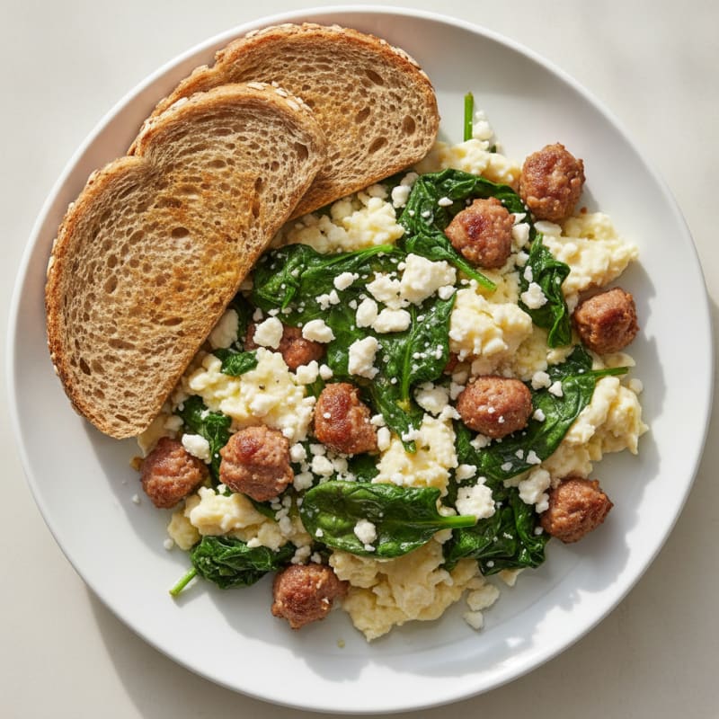 Egg White and Turkey Sausage Scramble with Spinach and Feta