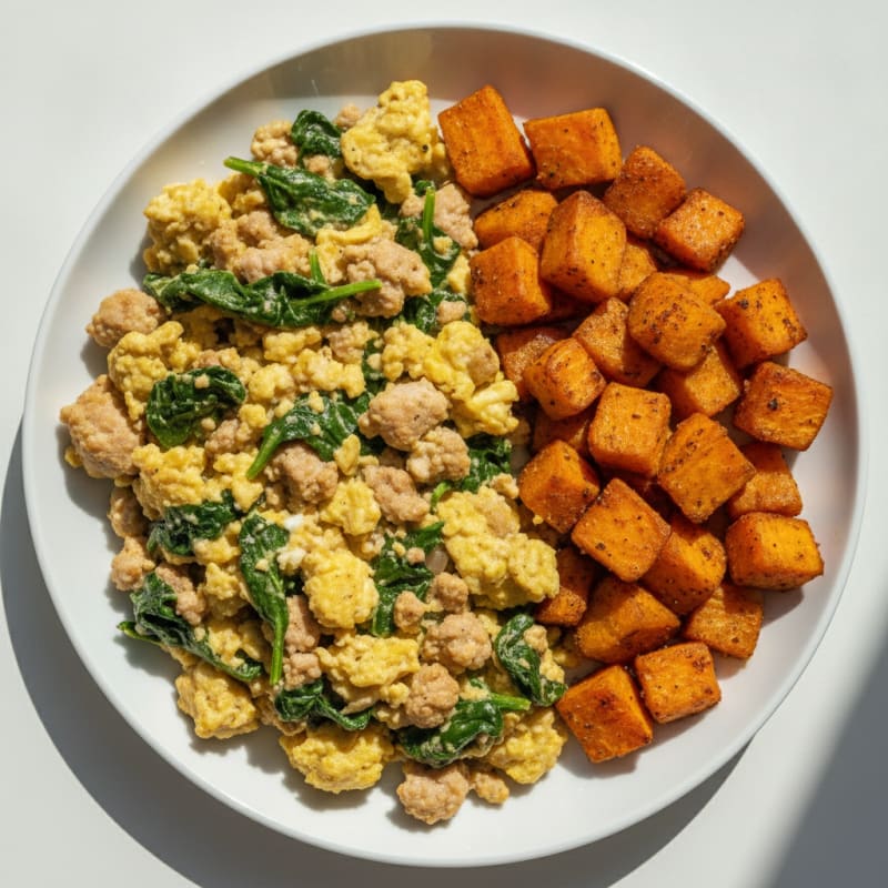 Scrambled Egg and Turkey Spinach Skillet with Roasted Sweet Potatoes