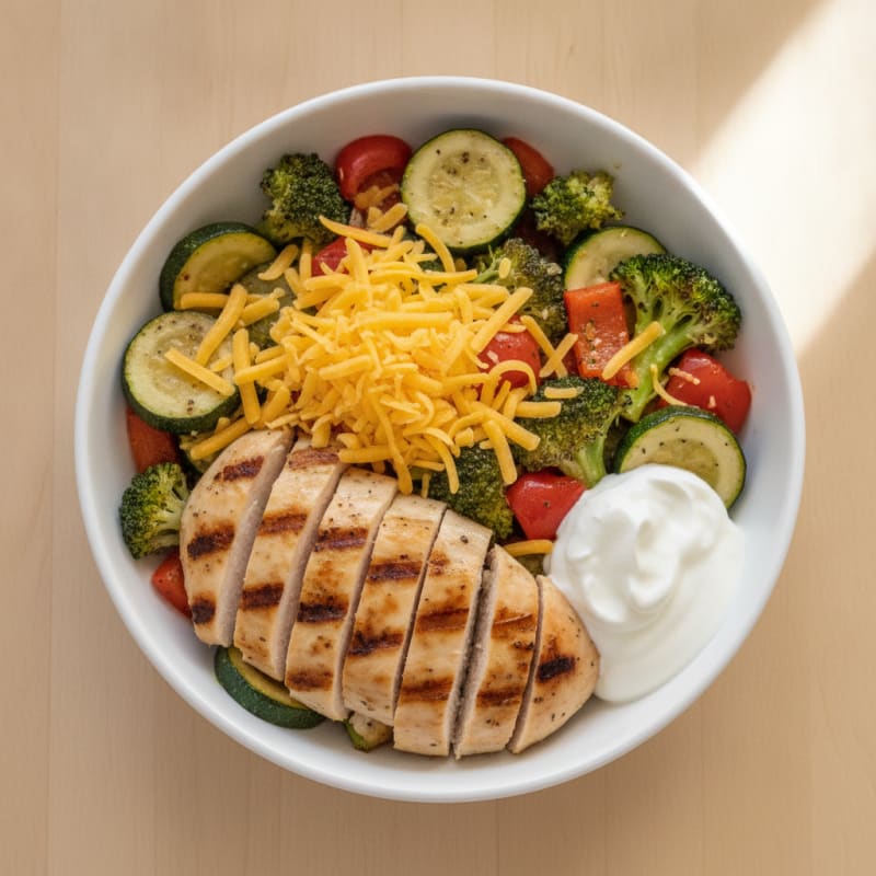 Grilled Chicken and Roasted Vegetable Bowl with Shredded Cheese