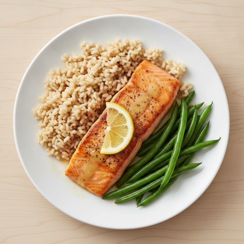 Seared Salmon Fillet with Steamed Green Beans and Brown Rice