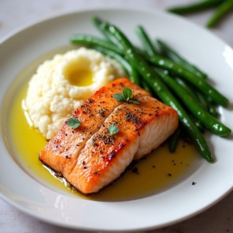 Seared Salmon Fillet with Garlic Green Beans and Cauliflower Mash