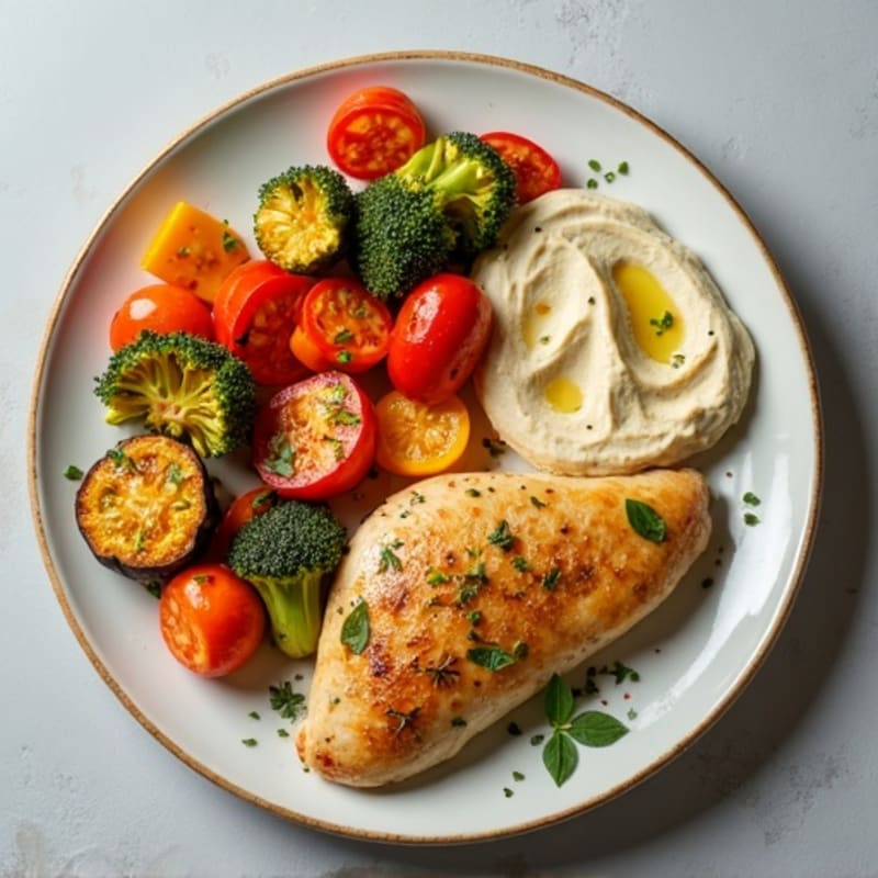 Lemon Herb Chicken and Roasted Vegetable Platter with Creamy Hummus