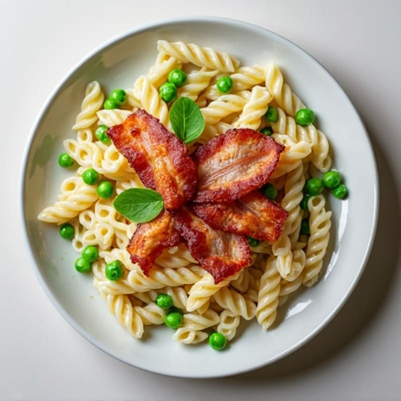 Crispy Turkey Bacon Creamy Pasta with Fresh Green Peas