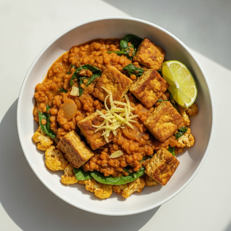 Lentil Tempeh Curry Bowl with Roasted Cauliflower