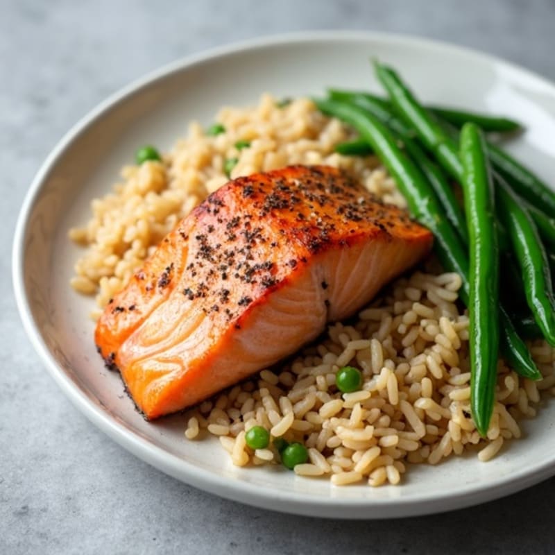 Seared Salmon with Steamed Green Beans and Brown Rice