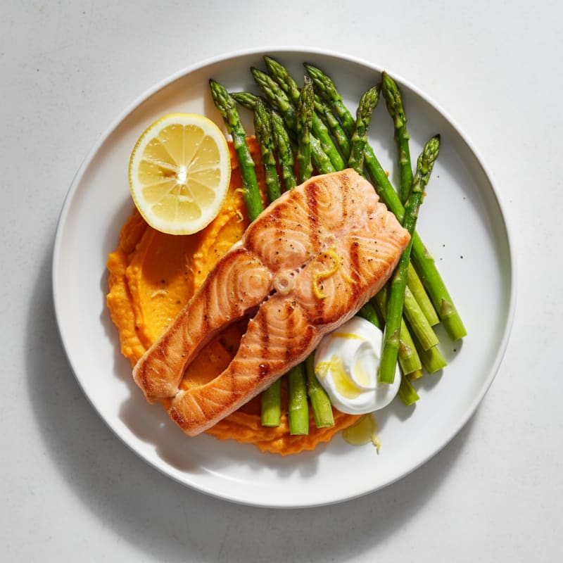 Seared Salmon with Roasted Asparagus and Sweet Potato Mash