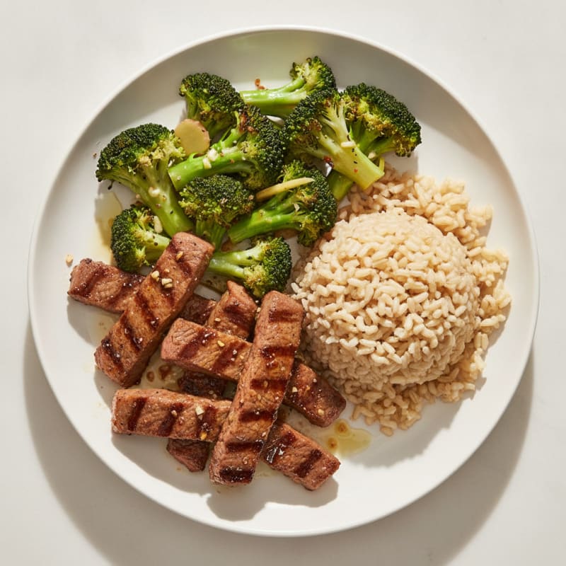 Seared Beef Strips with Garlic Broccoli and Brown Rice
