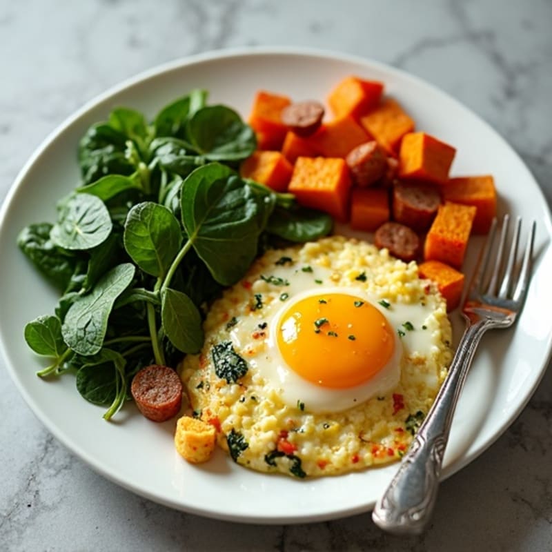 Egg White and Turkey Sausage Scramble with Spinach and Roasted Sweet Potatoes