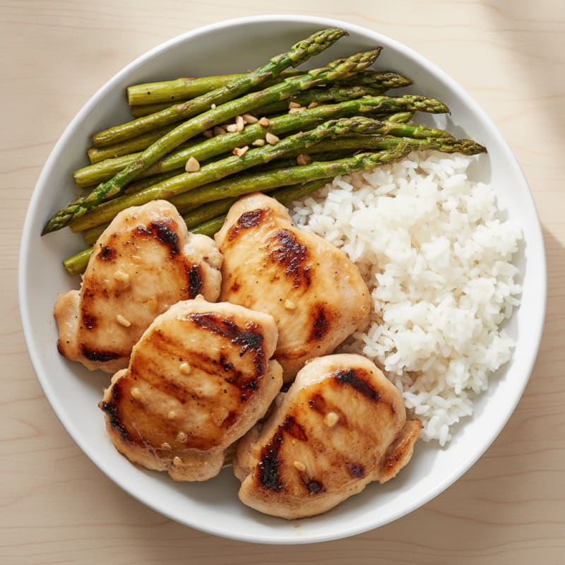 Grilled Chicken Thigh with Roasted Asparagus and Steamed Rice
