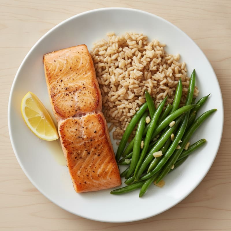 Seared Salmon with Garlic Green Beans and Brown Rice