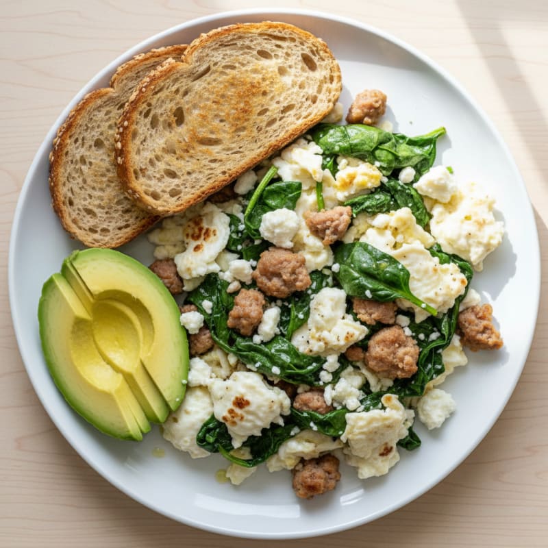 Egg White and Turkey Sausage Scramble with Spinach and Feta