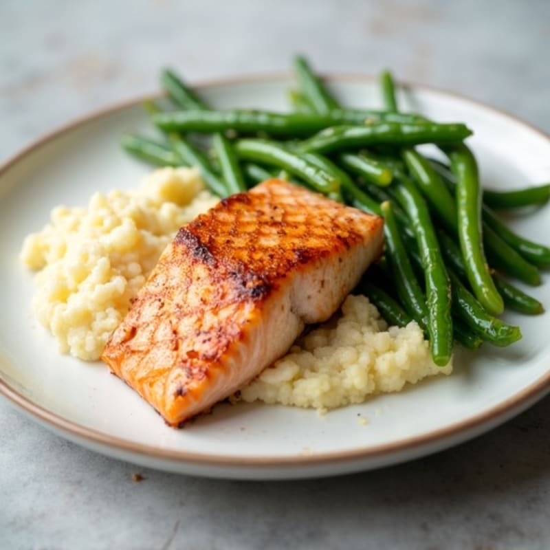 Seared Salmon with Steamed Green Beans and Cauliflower Mash