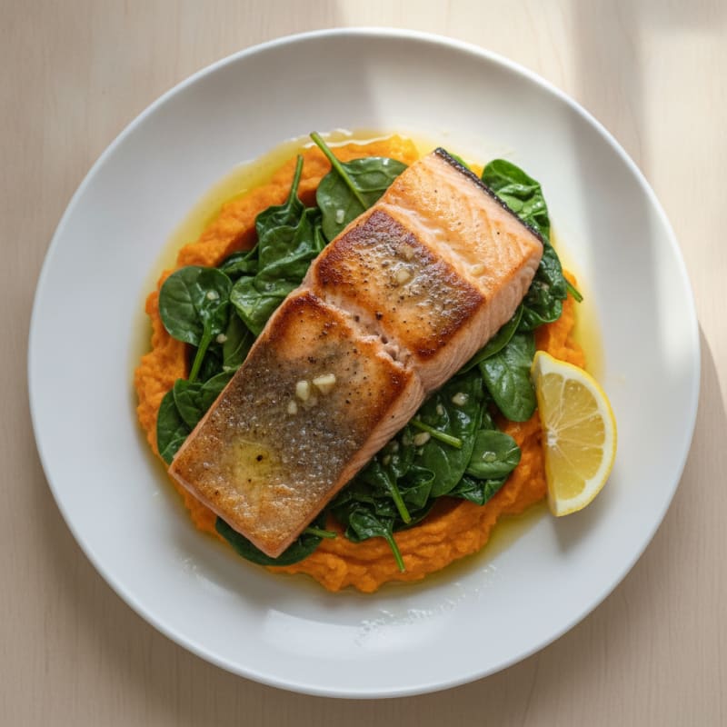 Seared Salmon Fillet with Garlic Sautéed Spinach and Sweet Potato Mash