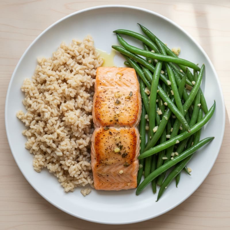 Baked Salmon with Garlic Green Beans and Brown Rice