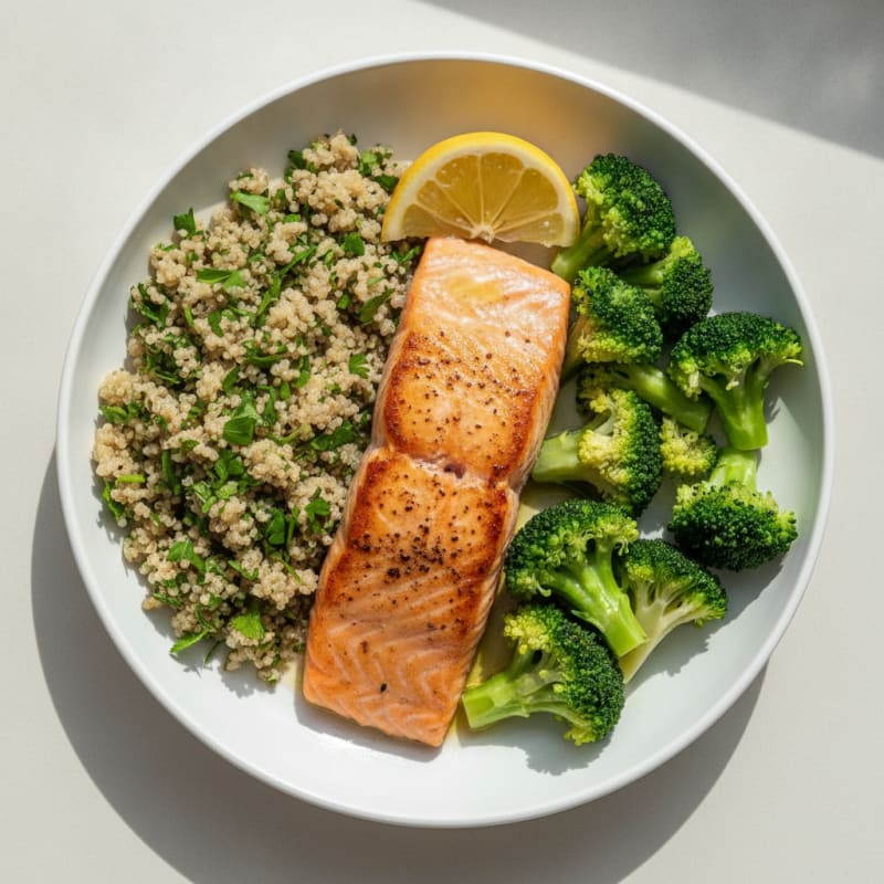 Seared Salmon with Steamed Broccoli and Herb Quinoa
