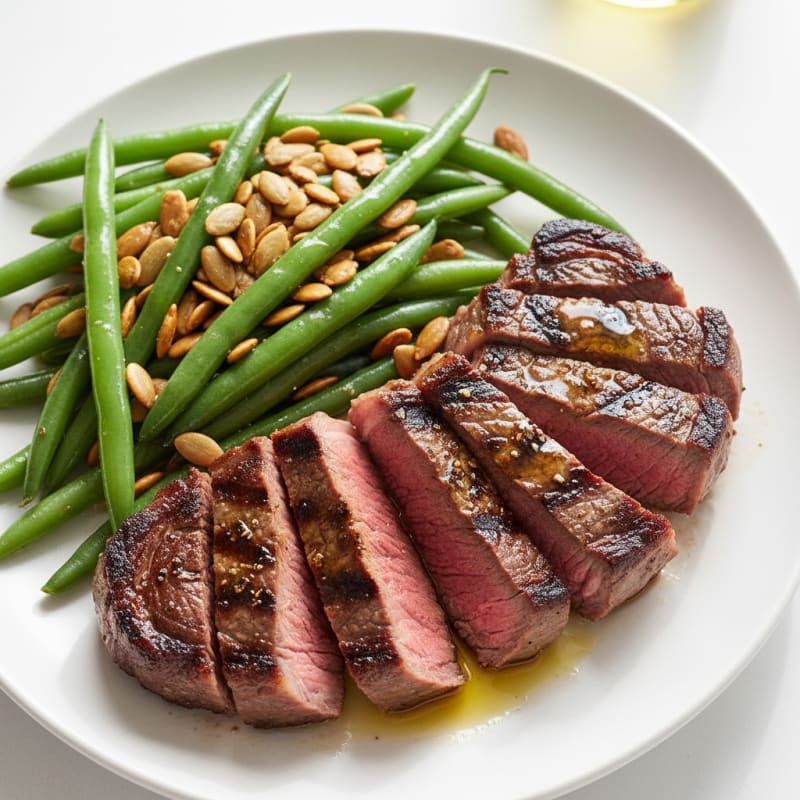 Seared Sirloin Steak with Steamed Green Beans and Toasted Pumpkin Seeds