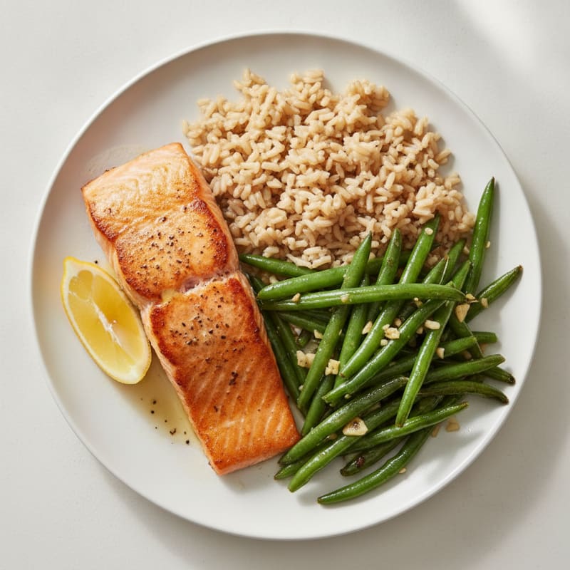 Seared Salmon Fillet with Garlic Green Beans and Brown Rice
