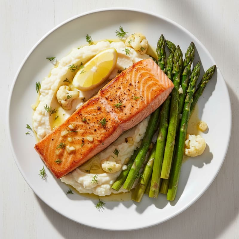 Seared Salmon with Roasted Asparagus and Cauliflower Mash