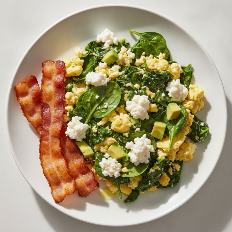 Cottage Cheese Scramble with Spinach and Turkey Bacon
