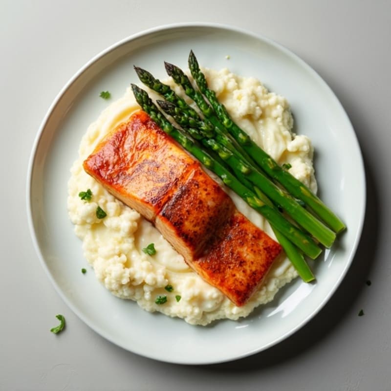 Seared Salmon with Steamed Asparagus and Cauliflower Mash