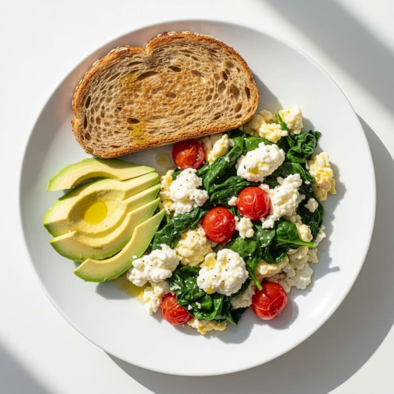 Egg White and Spinach Scramble with Cottage Cheese and Cherry Tomatoes